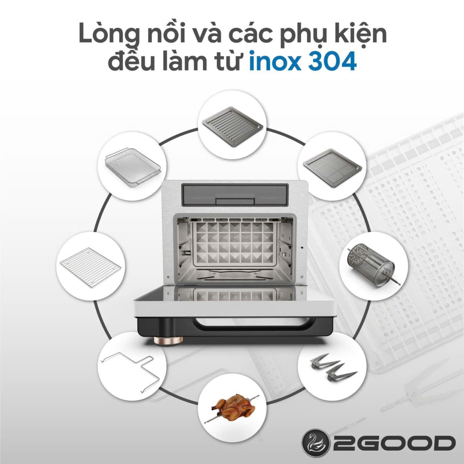 chất liệu inox 304 nguyên bản của lòng nồi và phụ kiện với nồi chiên